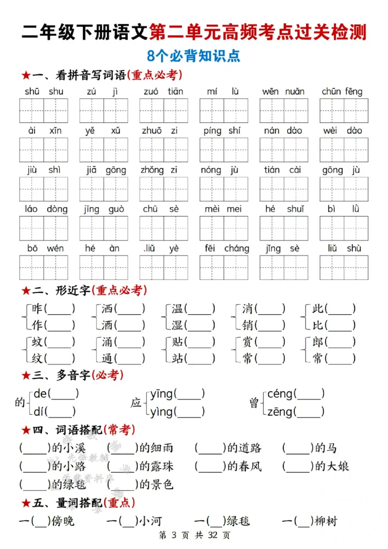《二年级下册语文高频考点过关检测SY(1)_2年级下册同步教辅_2下-语文_二下语文-词语默写+注音》第3页预览
