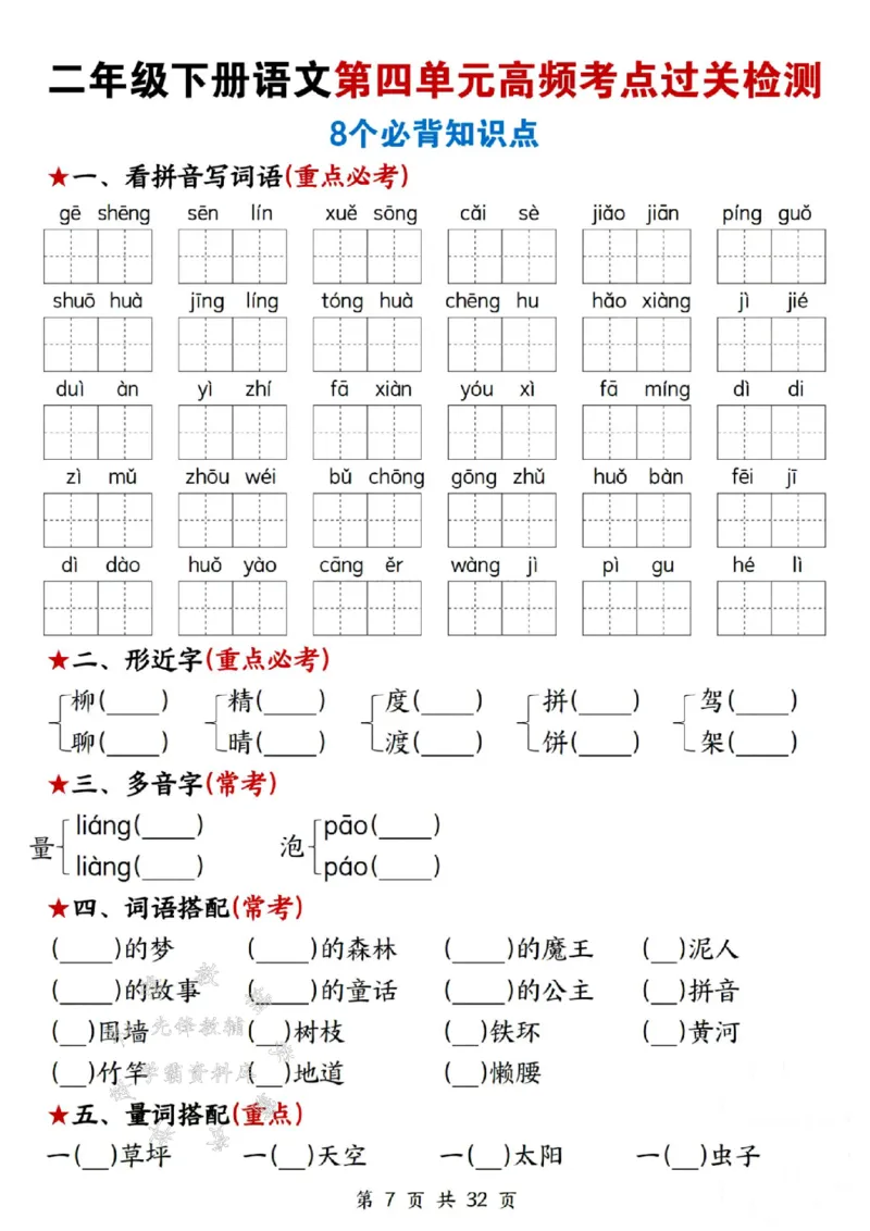 《二年级下册语文高频考点过关检测SY(1)_2年级下册同步教辅_2下-语文_二下语文-词语默写+注音》第7页预览