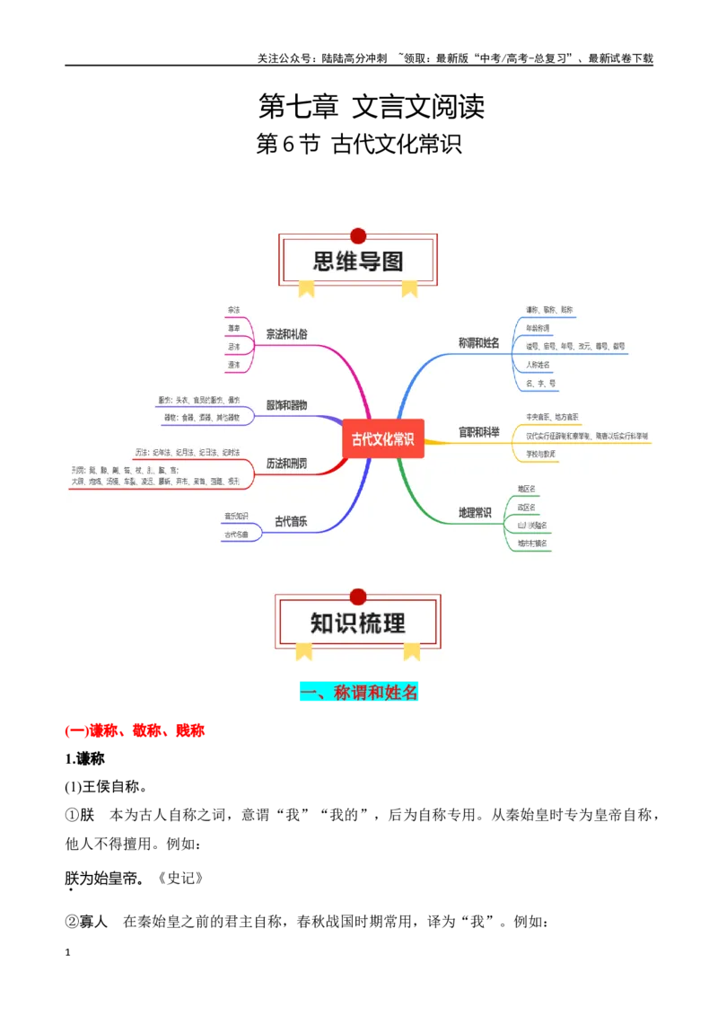 《第6节古代文化常识-口袋书2024年高考语文一轮复习知识清单（全国通用）（原卷版）_一轮复习_2024年_2024年高考语文一轮复习知识清单必背总结全国通用_第七章文言文阅读(10)份》第1页预览