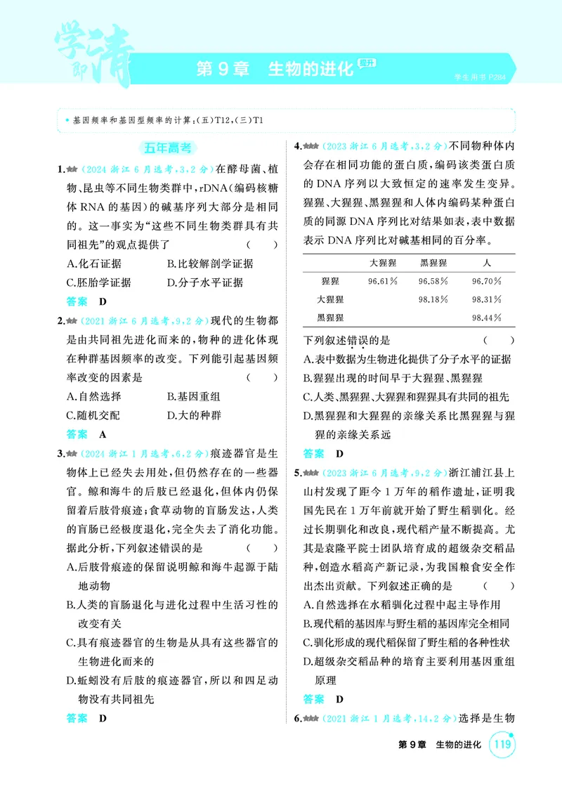 《1_精练册-第9章生物的进化_2026版教学资源包_202653高考总复习A版_浙江版_2026版.浙江版.选考总复习.生物.5·3A版_第2部分遗传与进化_第9章生物的进化_1_精练册PDF》第1页预览