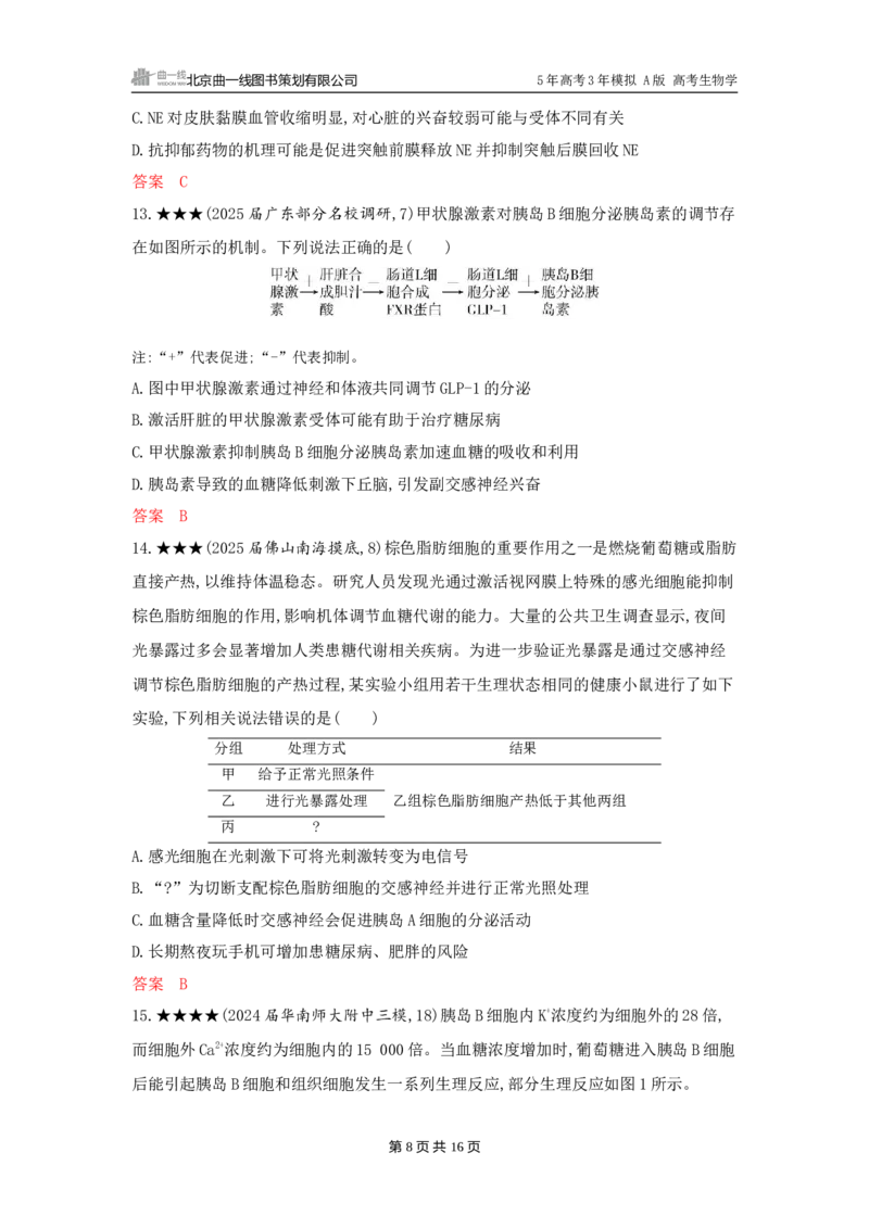 《1_精练册word-第15章　体液调节_2026版教学资源包_202653高考总复习A版_广东版_2026版.广东版.选考总复习.生物.5·3A版_第3部分稳态与调节_第15章体液调节_3_习题WORD》第8页预览