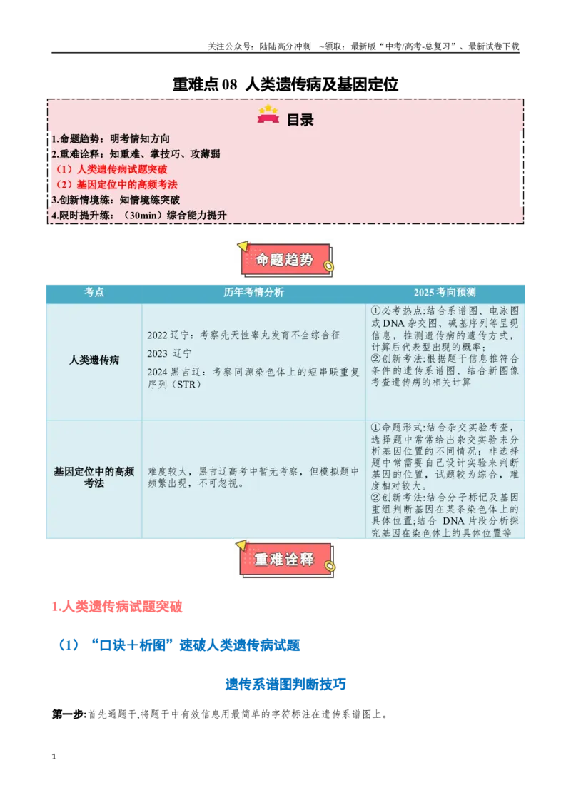 《重难点08人类遗传病及基因定位（解析版）_06-生物-高考总复习_专项复习_2025年_2025年高考生物重难点讲义专练（黑吉辽蒙专用）》第1页预览