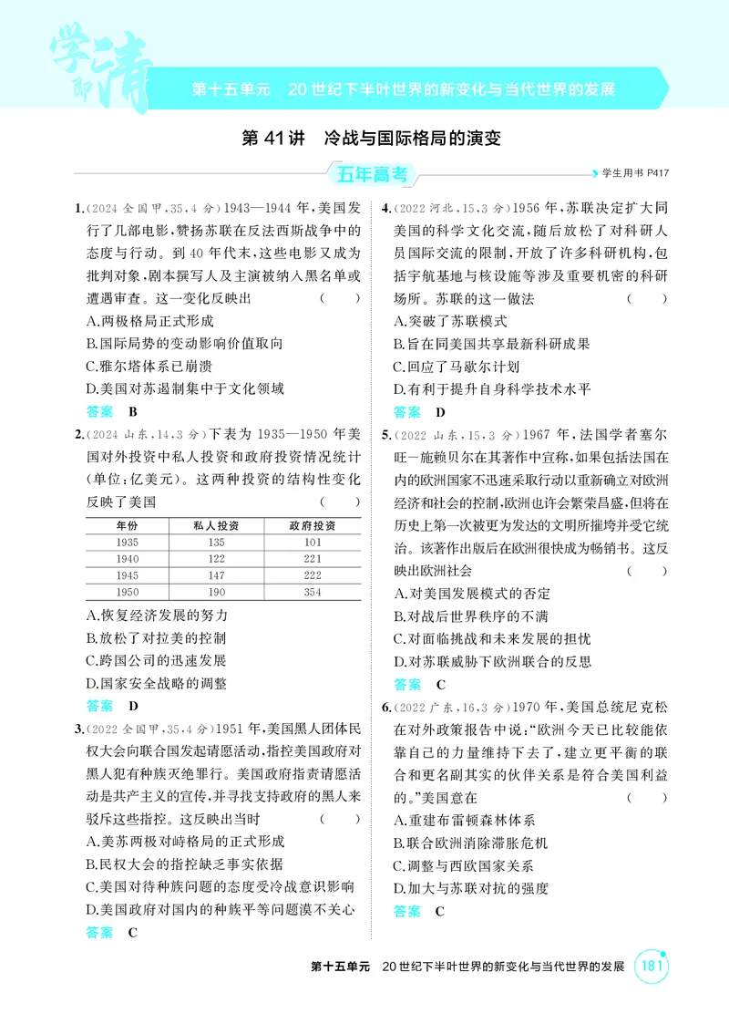 《1_精练册-第十五单元　20世纪下半叶世界的新变化与当代世界的发展_2026版教学资源包_202653高考总复习A版_山东版_2026版.山东版.选考总复习.历史.5·3A版_二、教师用书PDF_第三部分世界史》第1页预览
