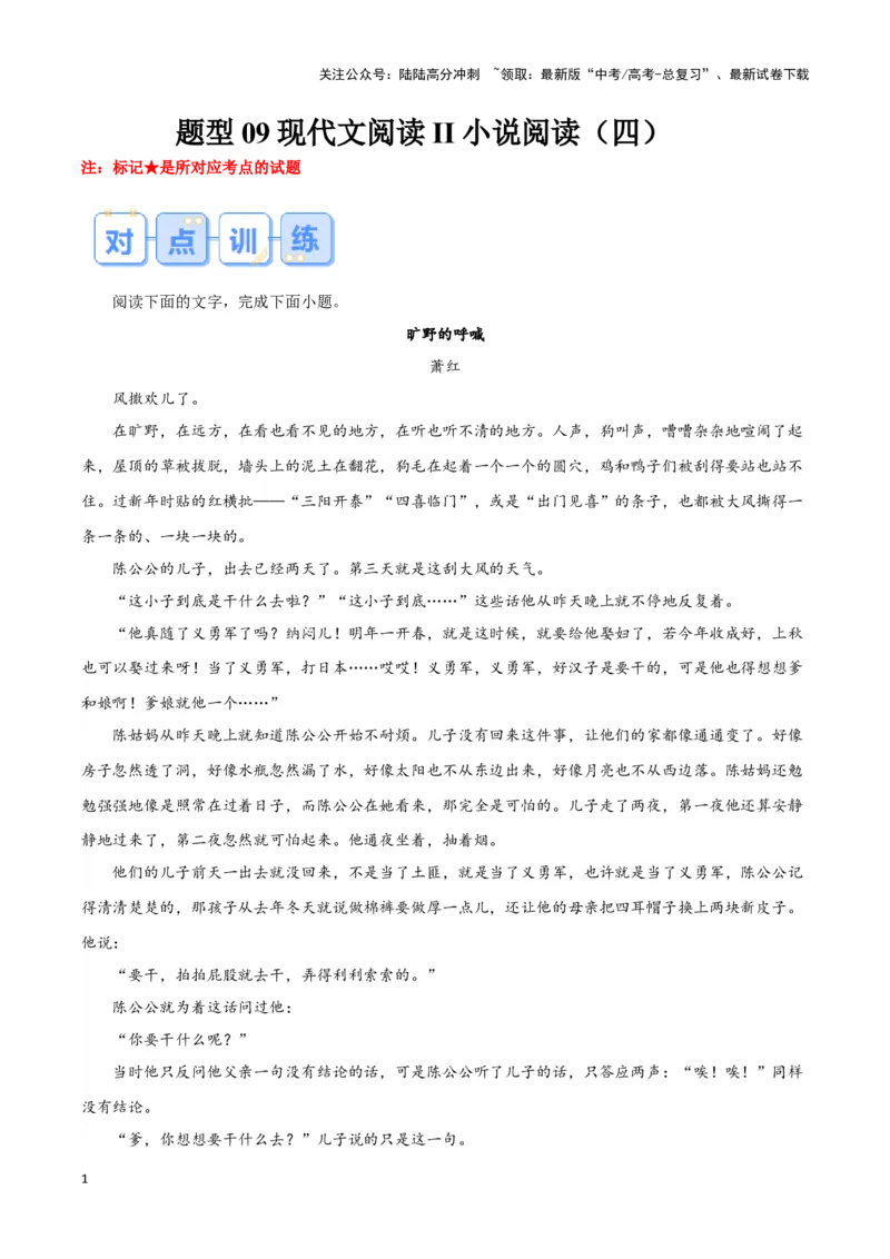 《题型09现代文阅读II小说阅读（四）（巩固训练）（原卷版）_专项复习_2024年_2024年高考语文常考题型练习题训练巩固试题专练习_资料》第1页预览