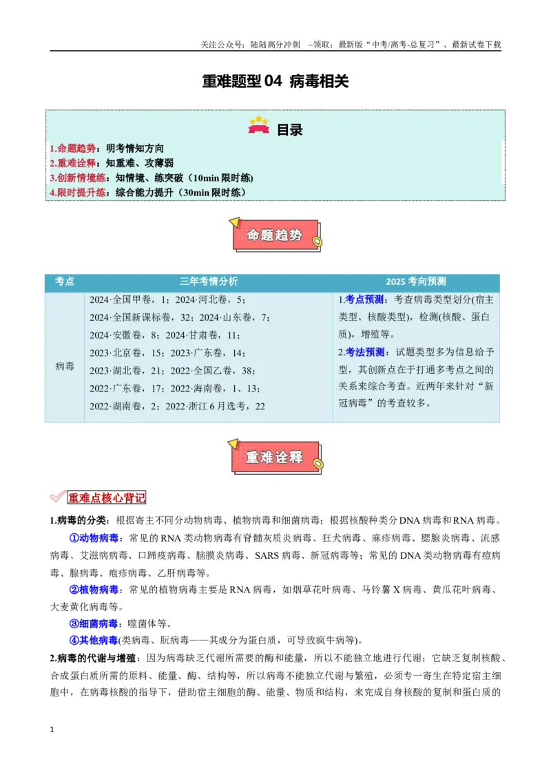 《重难题型04病毒相关（教师版）_06-生物-高考总复习_专项复习_2025年_2025年高考生物重难点讲义专练（新高考通用）》第1页预览