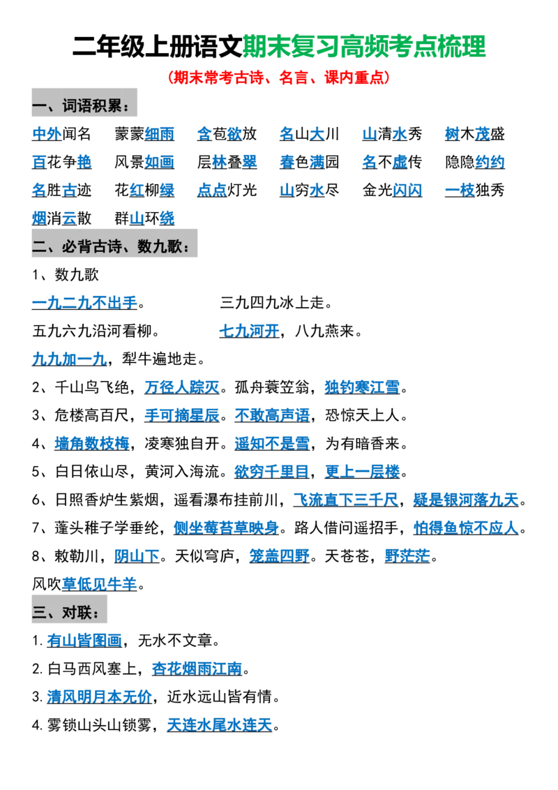 《二年级上册语文全册高频考点梳理(1)(1)_2年级上册同步教辅_2上-语文_二上语文-核心考点》第1页预览