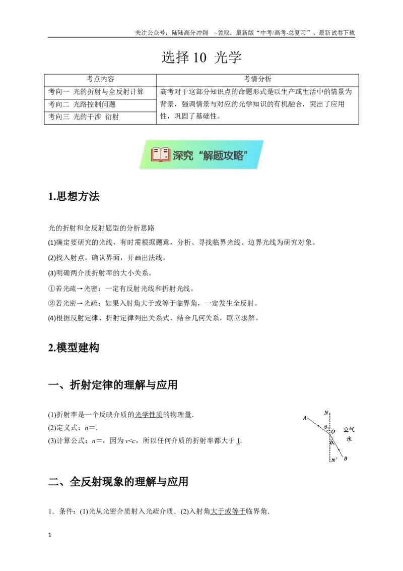 《选择10光学（教师版）_04-物理-高考总复习_二轮复习_2025年_2025届高考物理二轮复习热点题型归类_资料_2025版》第1页预览
