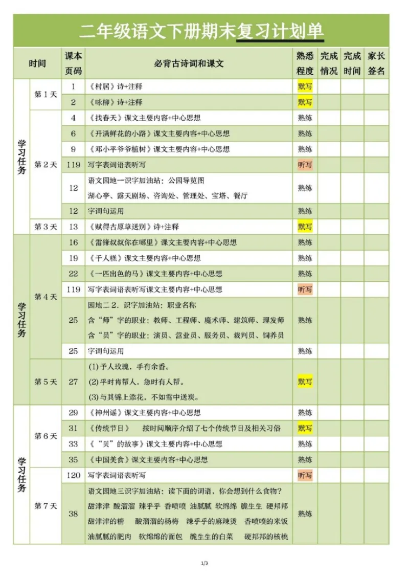 《二年级（下）语文期末复习计划单_2年级下册同步教辅_2下-语文_二下语文-重点必备资料》第1页预览