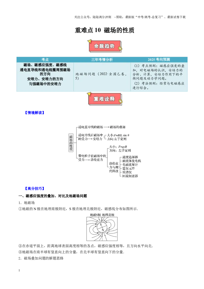 《重难点10磁场的性质（学生版）2025_04-物理-高考总复习_专项复习_2025年_2025年高考物理重难点讲义专练（西北四省专用）》第1页预览