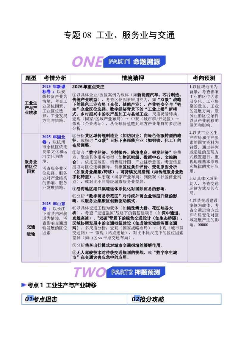 《猜押08工业、服务业与交通（原卷版）_地理_2026年-地理高考专项复习_2026年高考地理终极冲刺讲练测（全国通用）-G459_2026版》第1页预览
