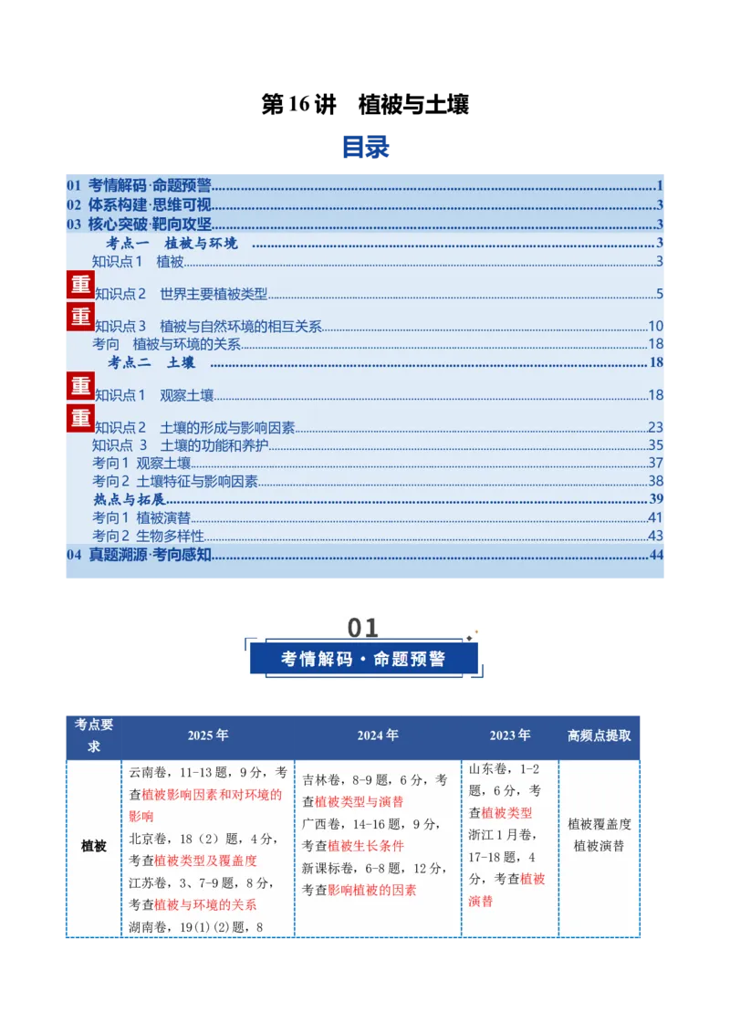 《第16讲植被与土壤（复习讲义）（全国通用）（学生版）_地理_2026年_2026年高考地理一轮复习讲义+练习+课件（新教材新高考）-G55_2026版_专题06自然环境的整体性与差异性》第1页预览