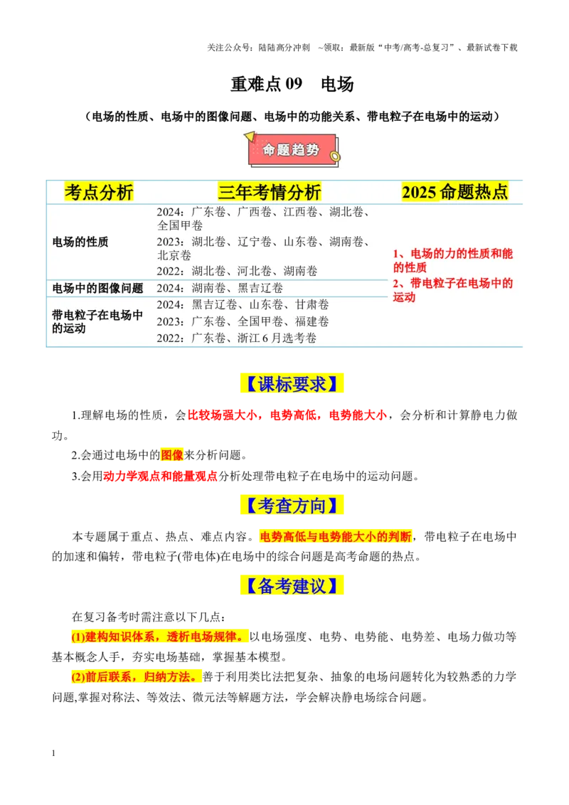 《重难点09电场（电场的性质、电场中的图像问题、电场中的功能关系、带电粒子在电场中的运动）（解析版）_04-物理-高考总复习_专项复习_2025年》第1页预览