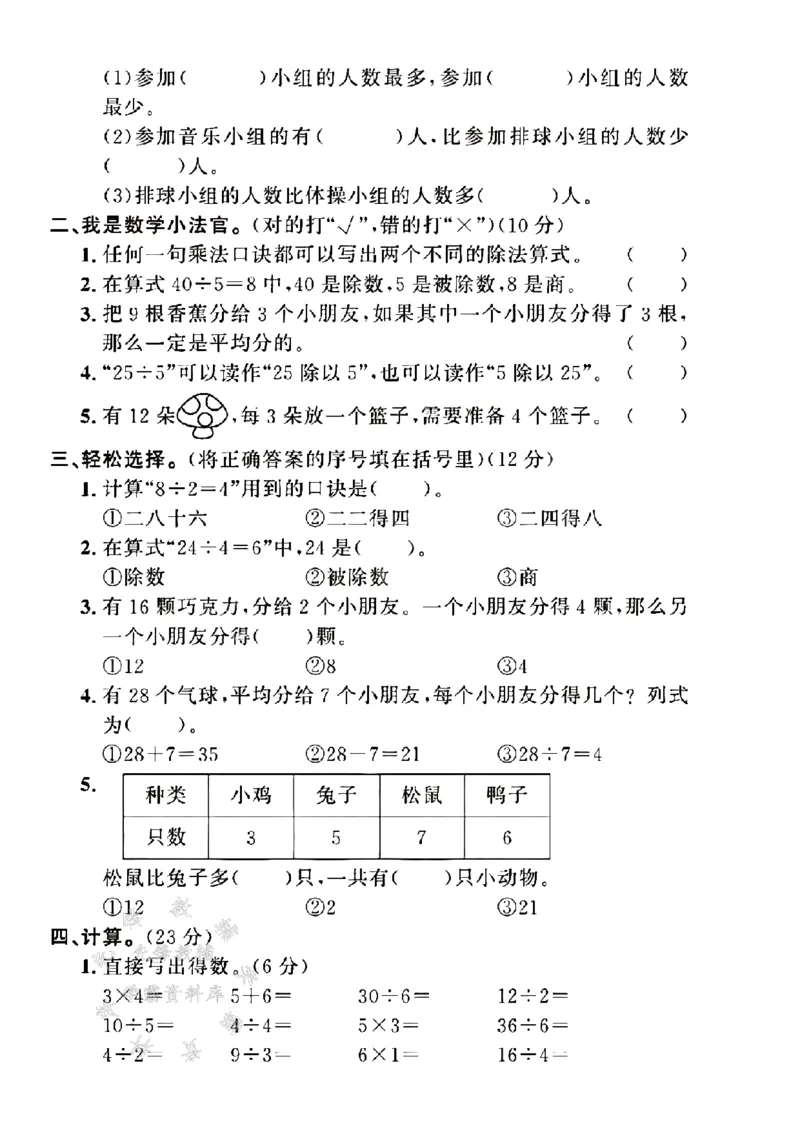 《二年级（下）25学年数学第一次月考检测卷.1_2年级下册同步教辅_2下-数学_二下数学-单元+期中+期末试卷_二下数学人教版试卷_二下数学《人教版》单元测试卷》第2页预览