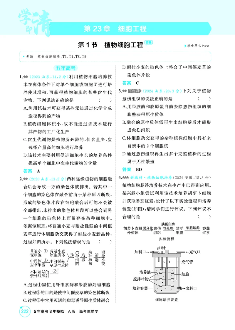 《1_精练册PDF-第23章细胞工程_2026版教学资源包_202653高考总复习A版_山东版_2026版.山东版.选考总复习.生物.5·3A版_第5部分生物技术与工程_第23章细胞工程_1_精练册PDF》第1页预览