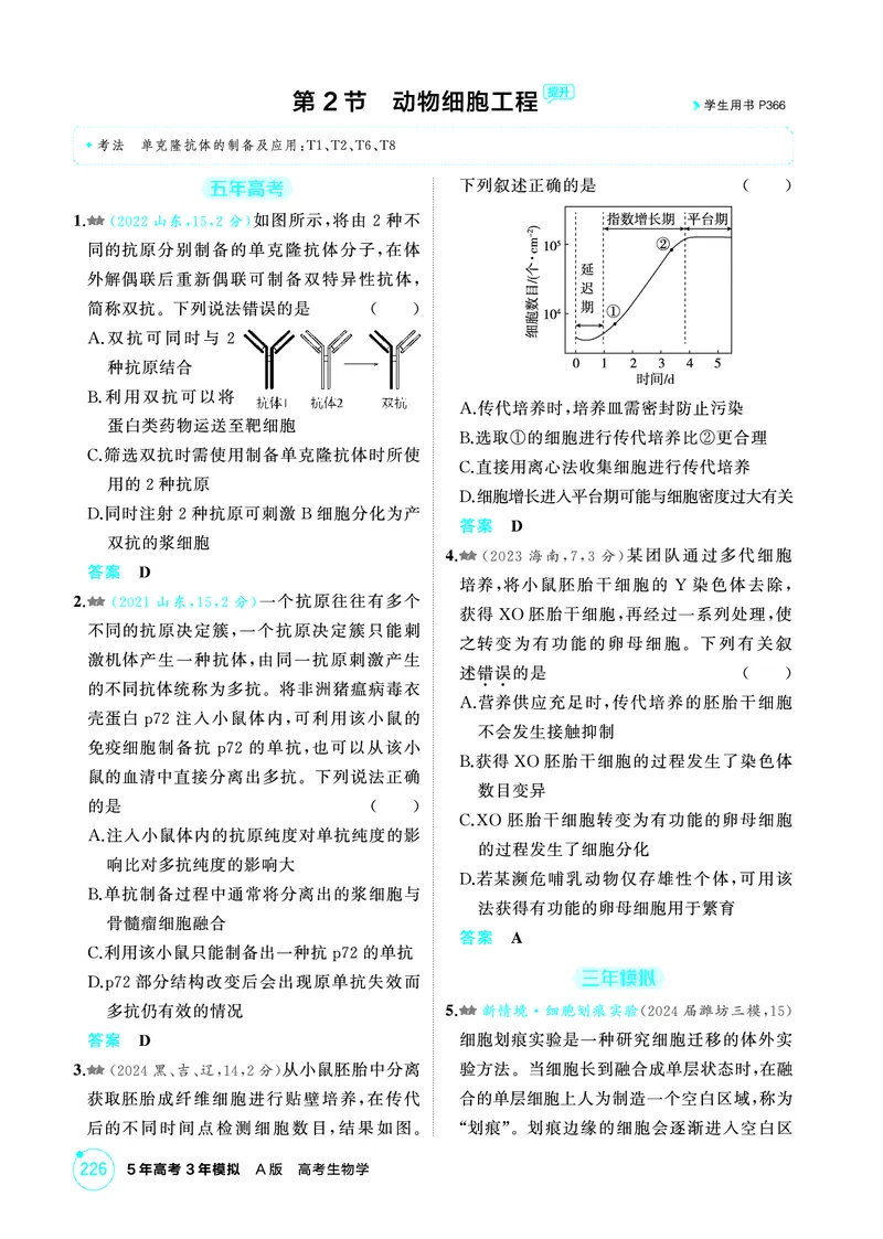 《1_精练册PDF-第23章细胞工程_2026版教学资源包_202653高考总复习A版_山东版_2026版.山东版.选考总复习.生物.5·3A版_第5部分生物技术与工程_第23章细胞工程_1_精练册PDF》第5页预览