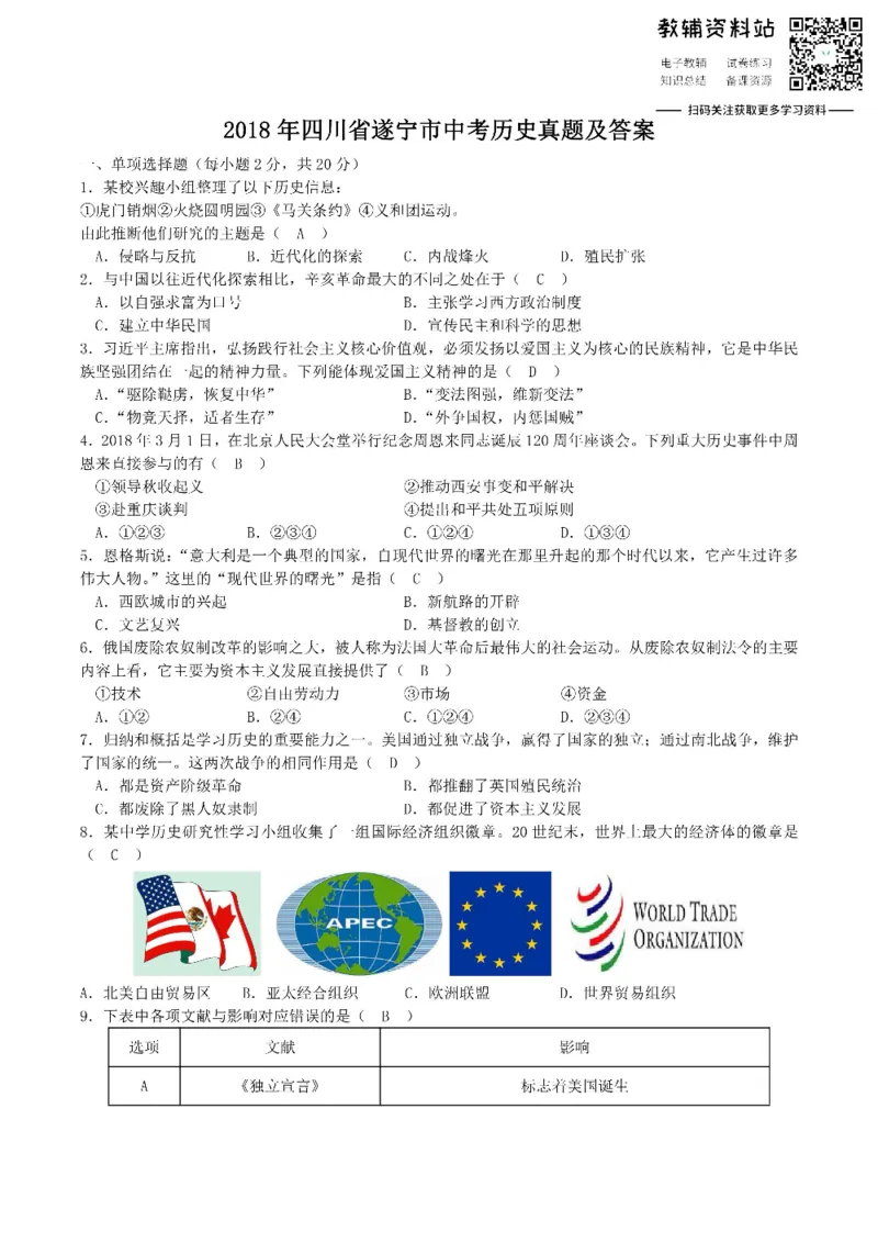 《2018四川省遂宁市中考历史真题及答案_初高中资料库_初中资料库（转存避免链接过期失效）_初中历史》第1页预览