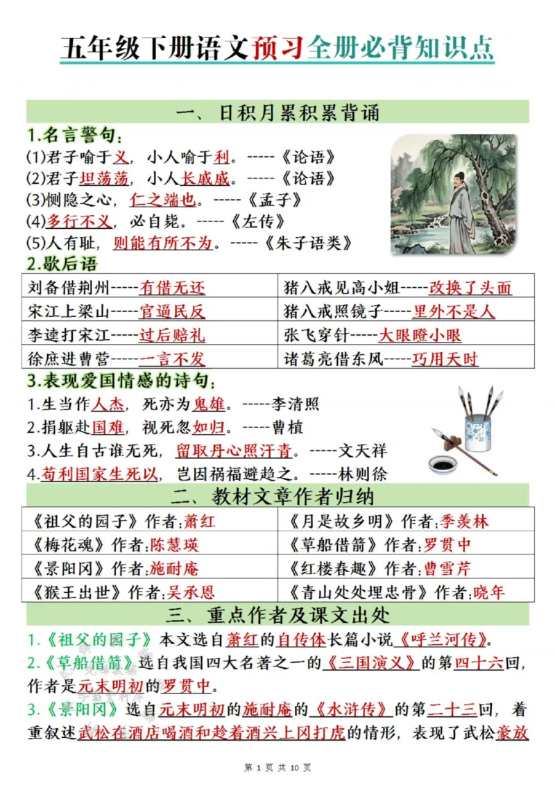 《五年级（下）语文预习全册必背知识点1_5年级下册同步教辅_5下语文_五下语文重点必背资料》第1页预览