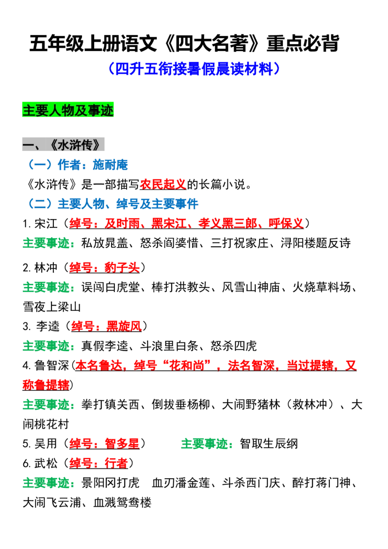 《五年级语文暑假《四大名著》重点必背_5年级上册同步教辅_5上语文_五上语文必背》第1页预览