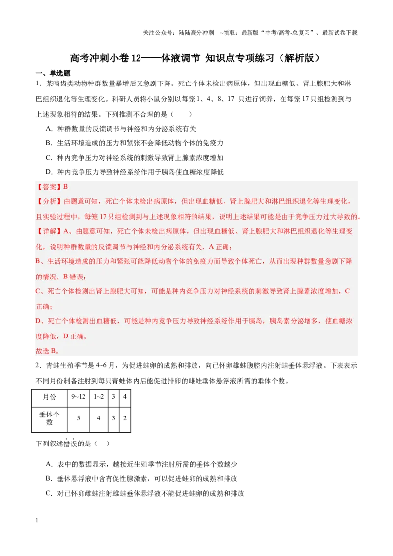 《高考冲刺小卷12-体液调节知识点专项练习（解析版）_06-生物-高考总复习_专项复习_2024年_2024年高考生物考前专项冲刺小卷（全国通用）_资料》第1页预览