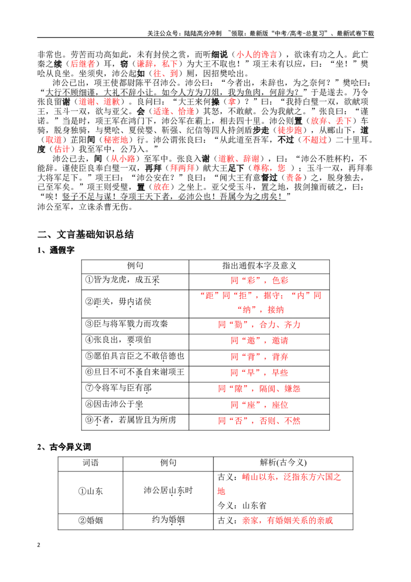 《鸿门宴（教师版）_专项复习_2024年_2024年高考语文课内文言文轻松复习课堂（统编版）_资料_1-资料》第2页预览