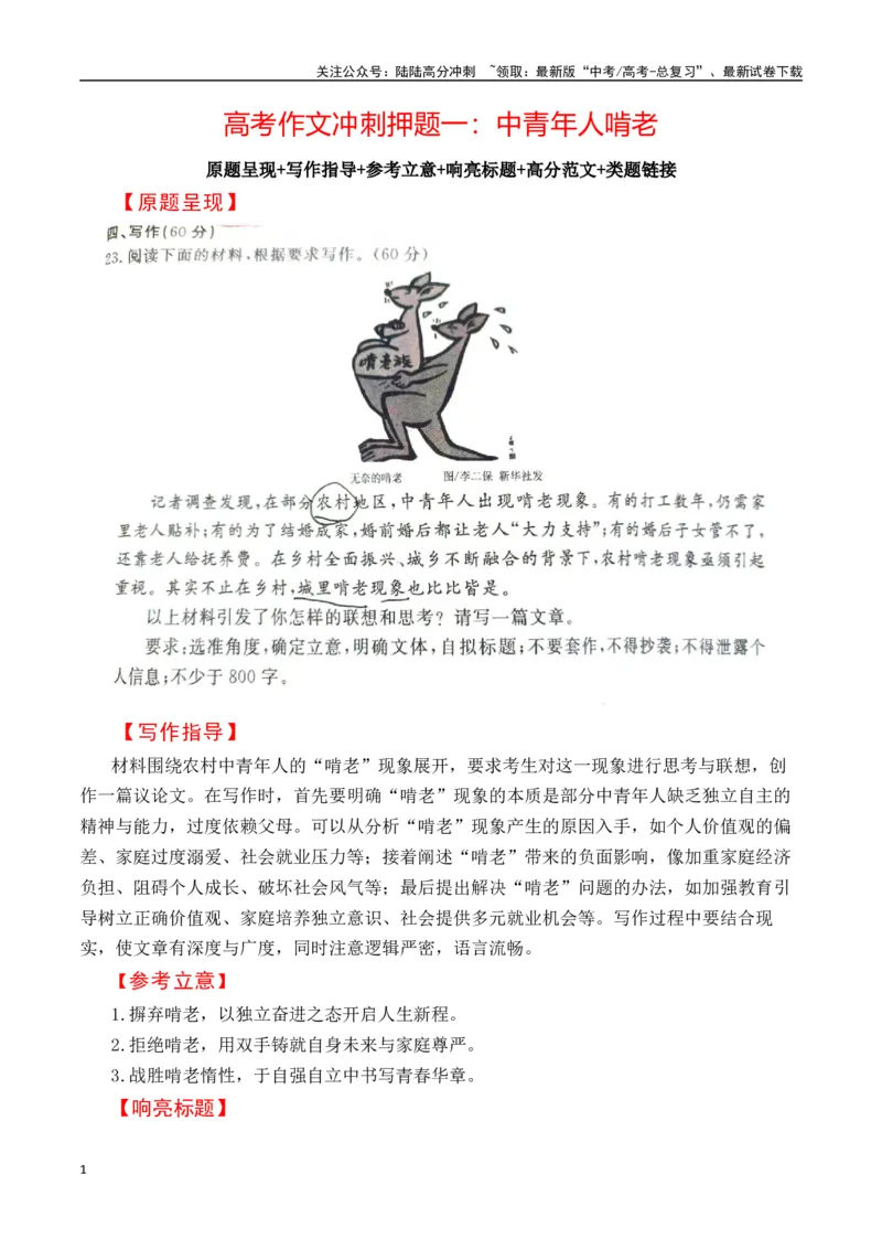 《高考作文冲刺押题一：中青年人啃老-（全国通用）_专项复习_2025年_2025年高考语文名校名题作文导写（全国通用）》第1页预览