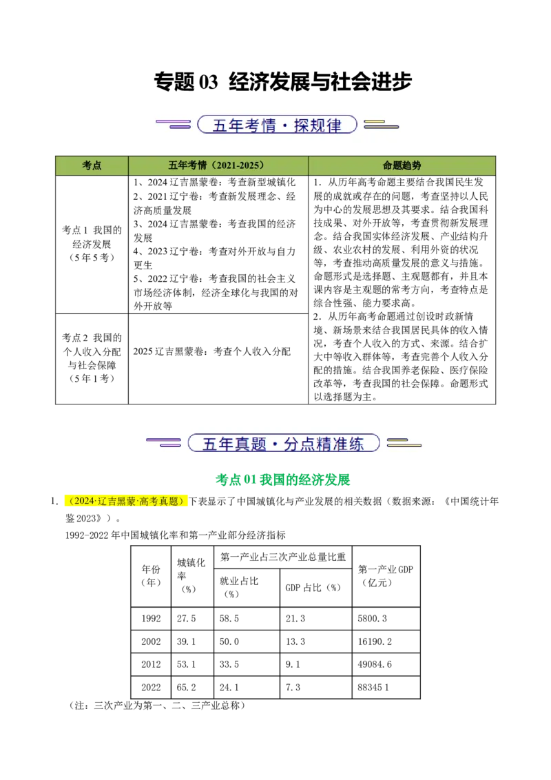 《专题03经济发展与社会进步（辽吉黑蒙专用）（教师版）_zheng治_2026年-政治高考专项复习_五年（2021-2025）高考政治真题分类汇编（黑吉辽蒙专用）-G341》第1页预览
