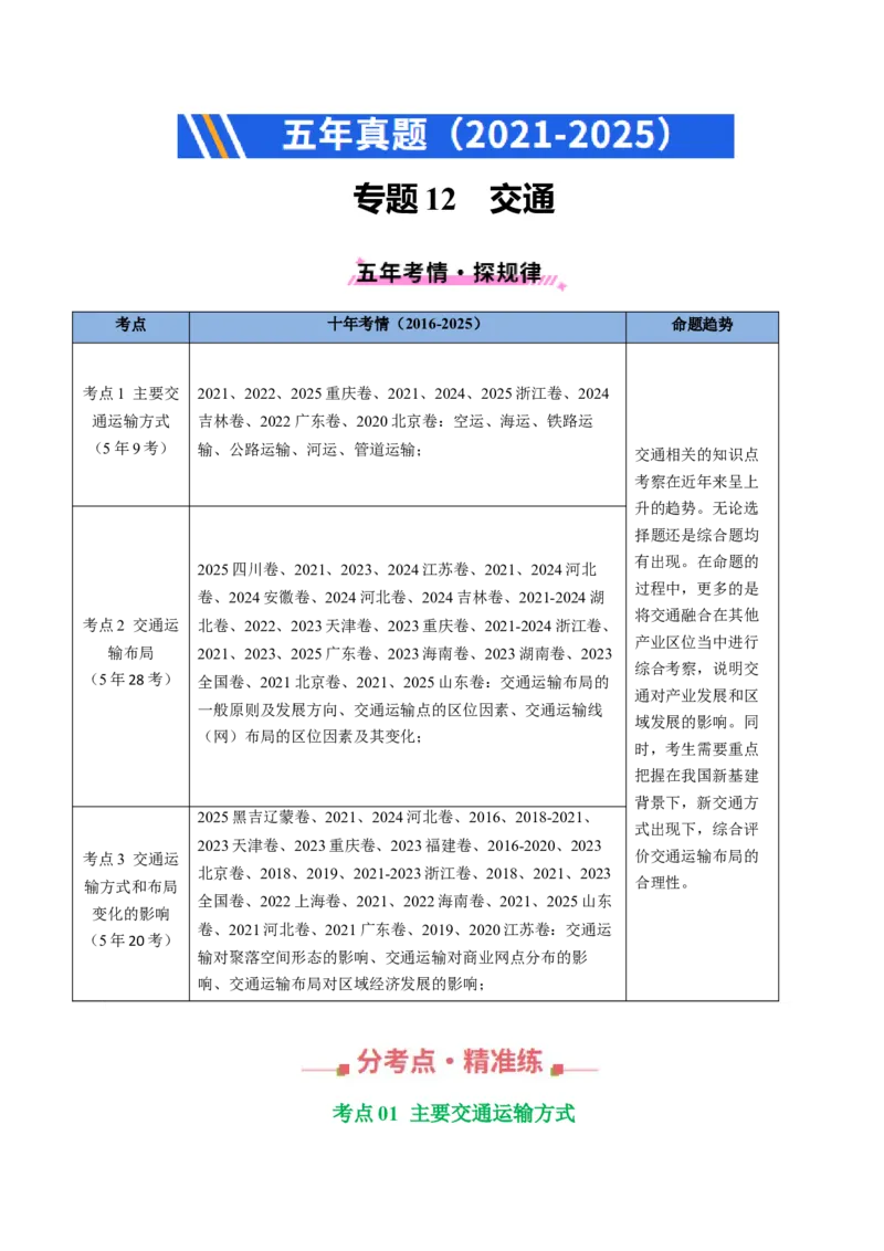 《专题12交通（全国通用）（教师版）_地理_2026年-地理高考专项复习_五年（2021-2025）高考地理真题分类汇编（全国通用）-C438》第1页预览