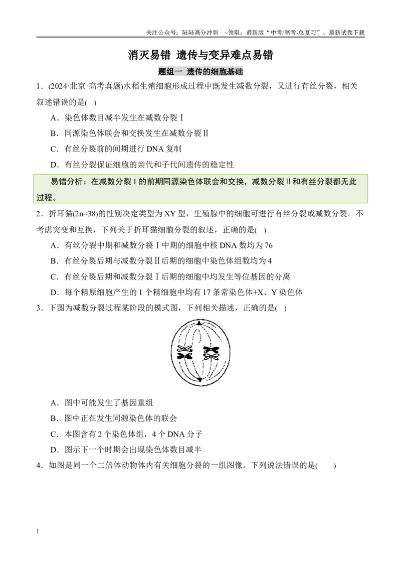 《（消灭易错）遗传与变异难点易错（学生版）（5大题组）_06-生物-高考总复习_专项复习_2025年_2025年高考生物考试易错题（新高考通用）》第1页预览