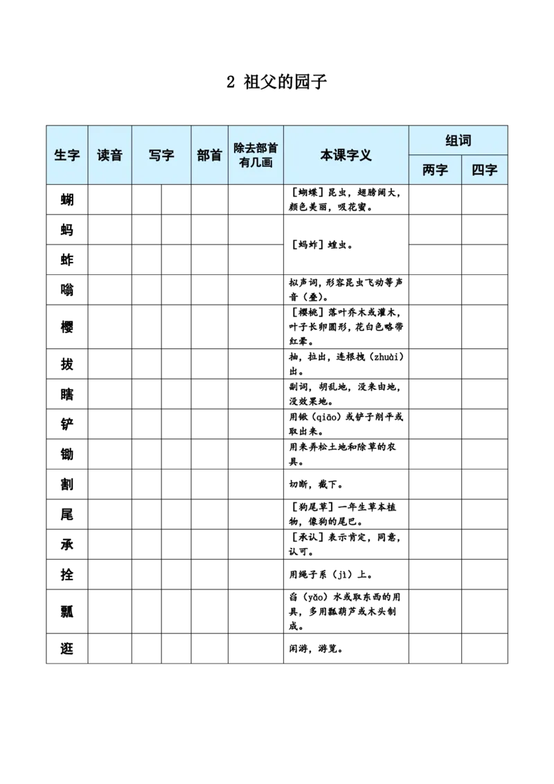 《五（下）语文生字每课预习单（学用）_5年级下册同步教辅_5下语数英寒假作业》第2页预览