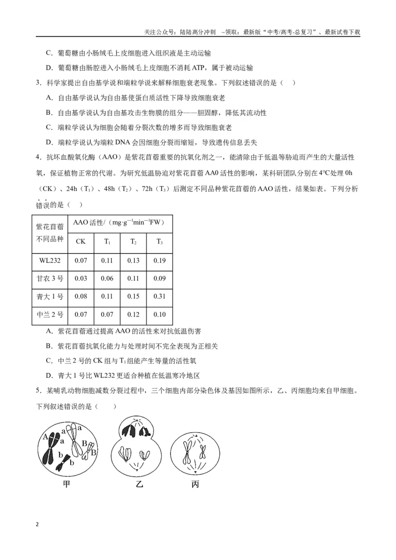 《黄金卷（考试版）-2024年高考生物模拟卷（甘肃专用）_06-生物-高考总复习_一轮复习_2024年_2024年高考生物一模拟卷（新高考七省专用）》第2页预览