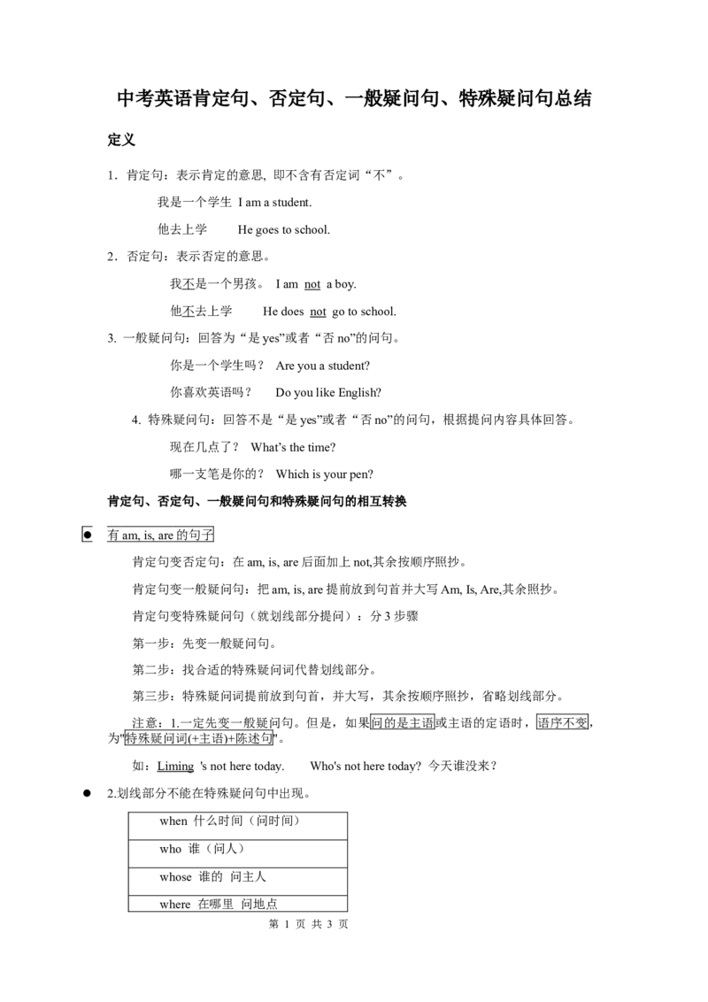 《1肯定句、否定句、一般疑问句和特殊疑问句总结_初高中资料库_初中资料库（转存避免链接过期失效）_初中英语》第1页预览