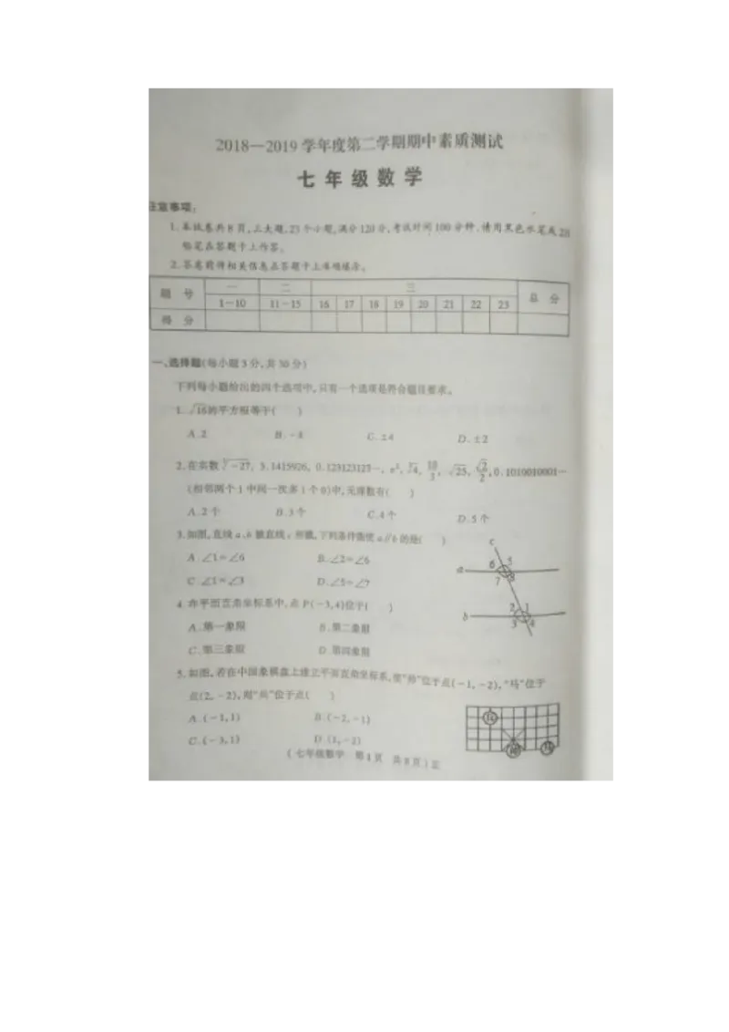 《2018-2019学年河南省正阳县七年级下册期中考试数学试卷（无答案）_初高中资料库_初中资料库（转存避免链接过期失效）_初中数学》第1页预览