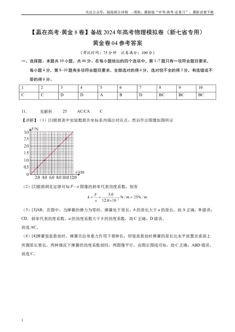 《黄金卷04-2024年高考物理模拟卷（新七省专用）（答案版）_04-物理-高考总复习_一轮复习_2024年_2024年高考物理一模拟卷（江西、安徽、贵州、广西、黑龙江、吉林、甘肃新七省专用）》第1页预览