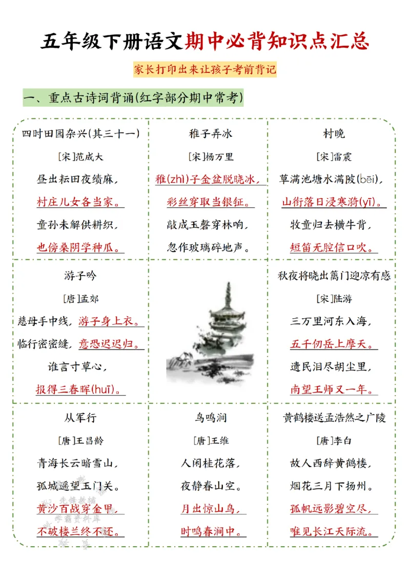 《五年级（下）语文期中重点复习知识汇总_5年级下册同步教辅_5下语文_五下语文重点必背资料》第1页预览