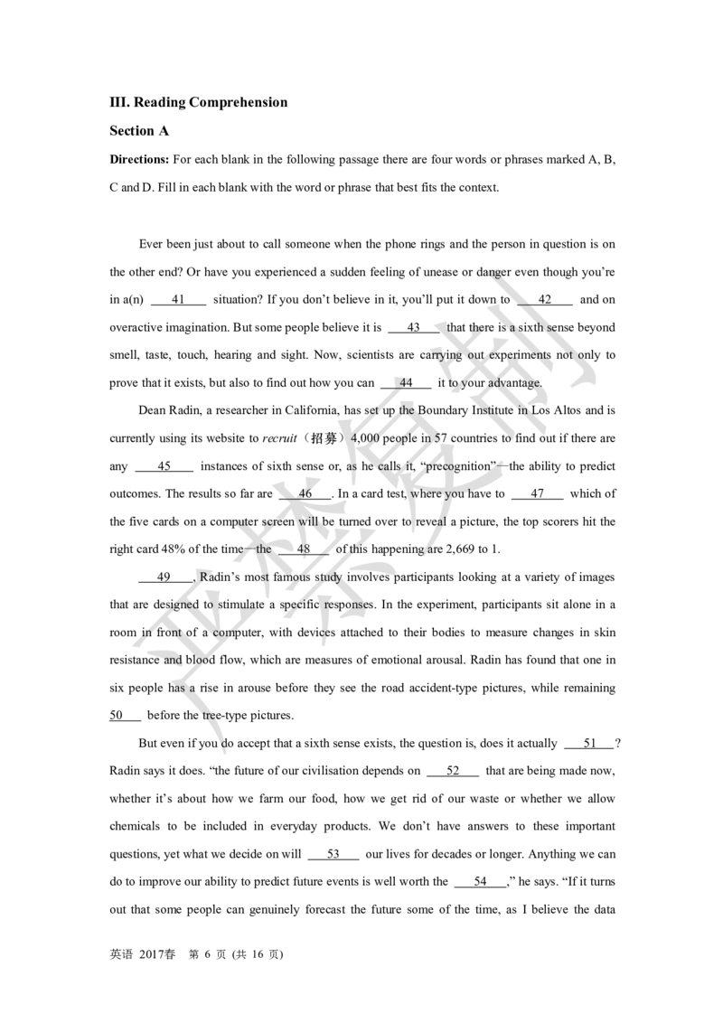 《2017年1月上海英语高考(春考)试卷重制版(1)_高考一二三轮复习_英语_2027年高考英语专项更新中_2008年-2026年英语高考真题-G427_2008-2020年高考_2008-2020年_地方卷_上海高考英语真题04-19》第6页预览