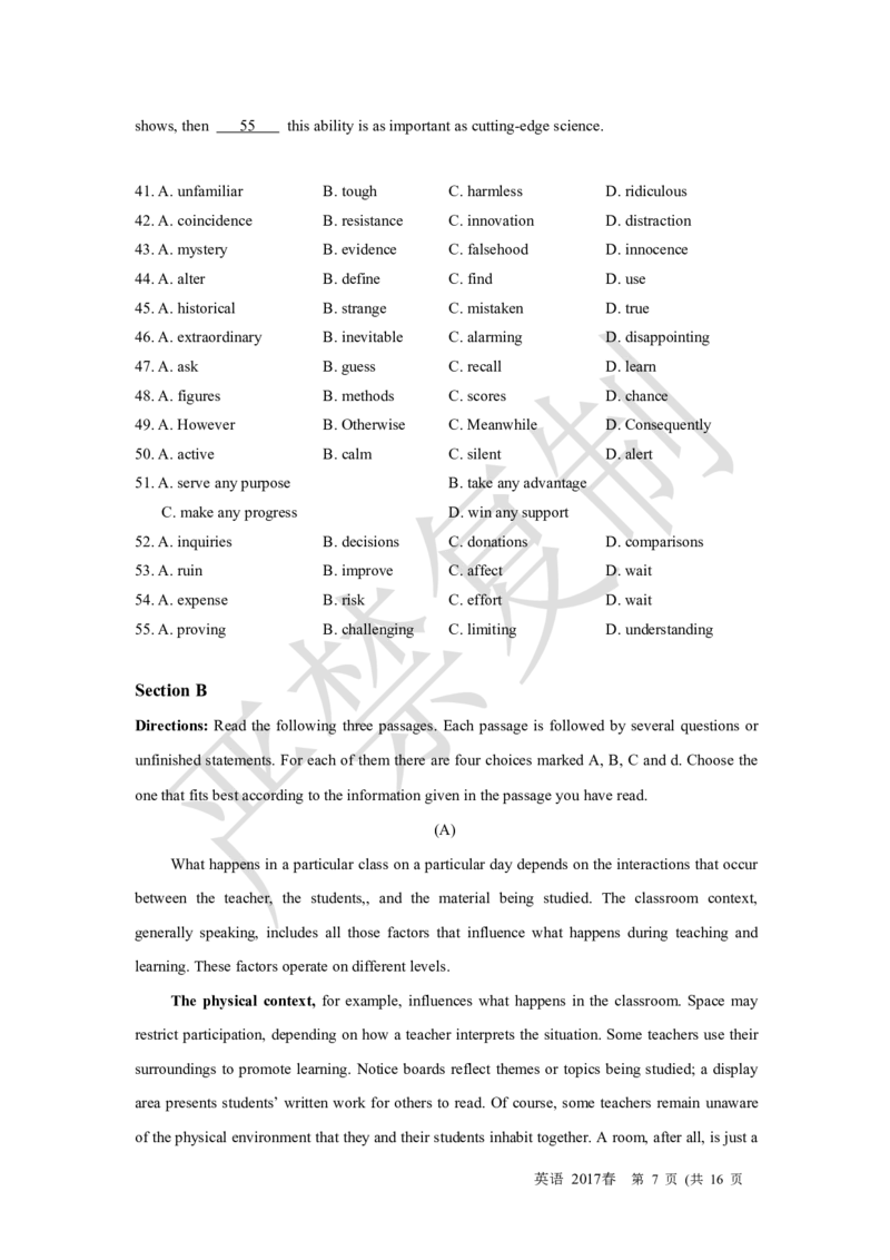 《2017年1月上海英语高考(春考)试卷重制版(1)_高考一二三轮复习_英语_2027年高考英语专项更新中_2008年-2026年英语高考真题-G427_2008-2020年高考_2008-2020年_地方卷_上海高考英语真题04-19》第7页预览