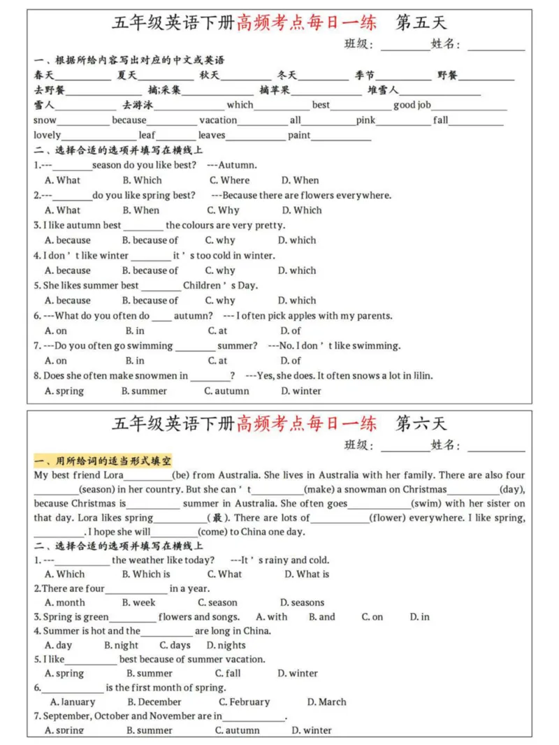 《五年级（下）英语高频考点每日一练_5年级下册同步教辅_5下英语_五下英语人教版PEP资料》第3页预览