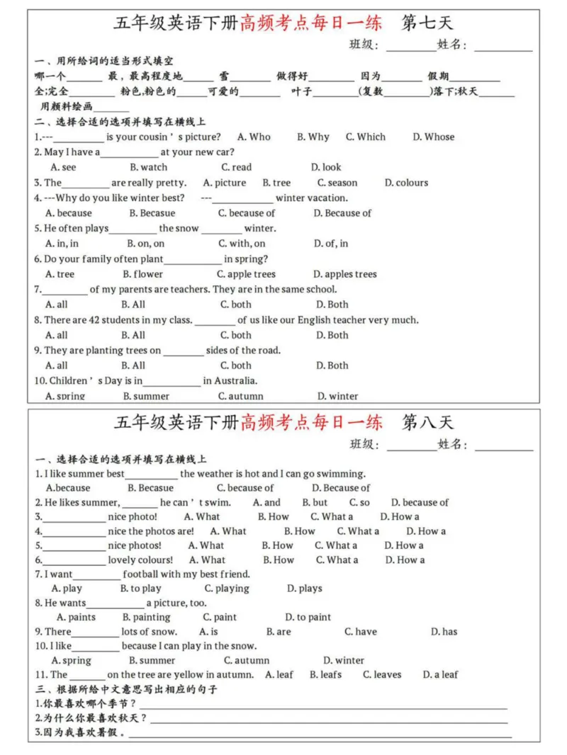 《五年级（下）英语高频考点每日一练_5年级下册同步教辅_5下英语_五下英语人教版PEP资料》第4页预览