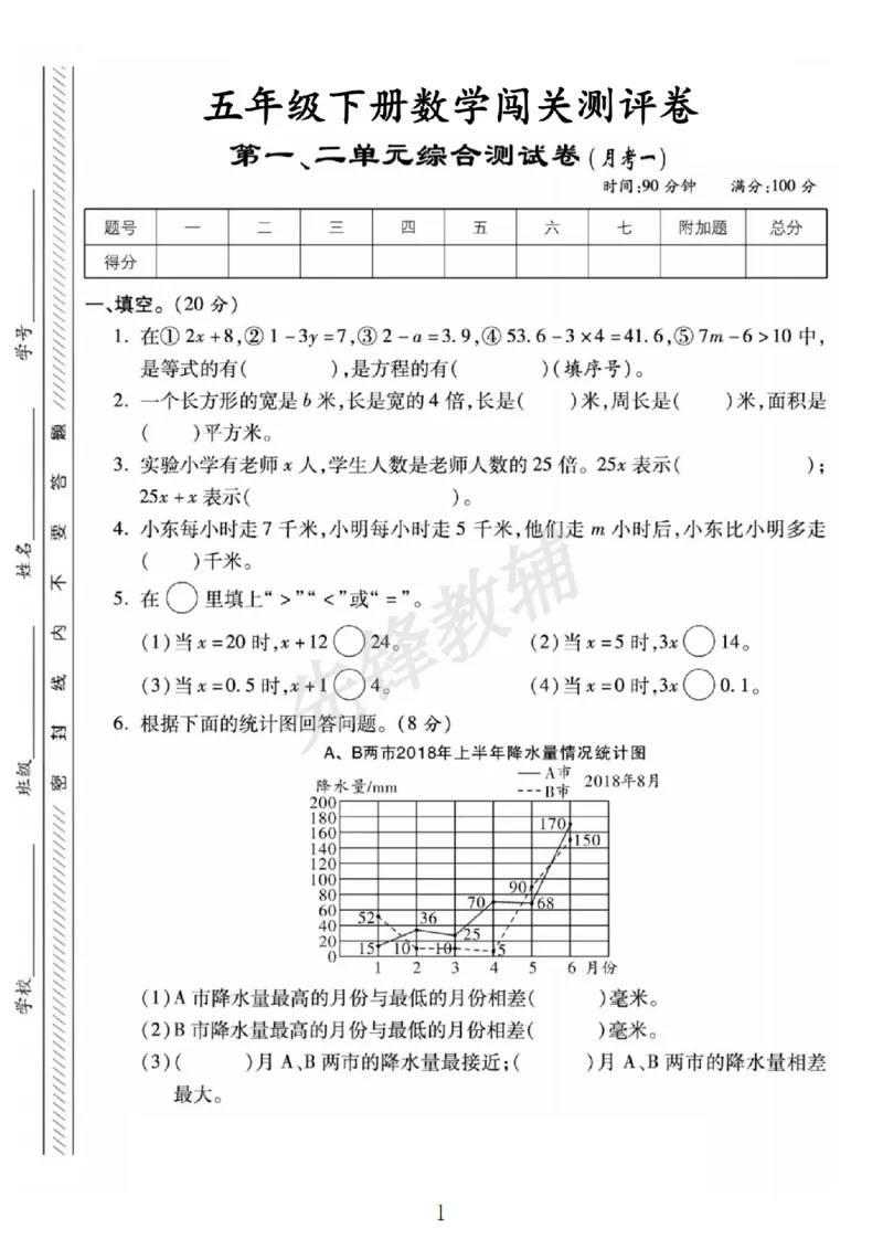 《五年级（下）数学综合测试月考一闯关测评卷《苏教版》_5年级下册同步教辅_5下数学_五下数学苏教版试卷》第1页预览