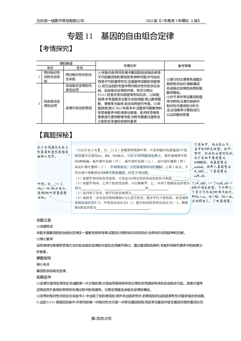 《试题部分WORD—基础集训、综合集训_2022版教学资源包_五年高考三年模拟_2022版新高考版选考总复习生物5·3A版_0125143739_专题11基因的自由组合定律_试题部分WORD_试题WORD》第1页预览
