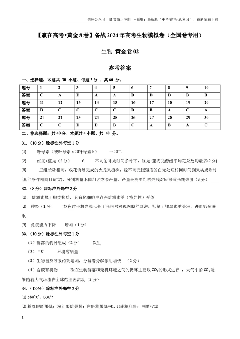 《黄金卷02（参考答案）-2024年高考生物模拟卷（老教材）（全国卷专用）_06-生物-高考总复习_一轮复习_2024年_2024年高考生物一模拟卷（全国卷专用）》第1页预览