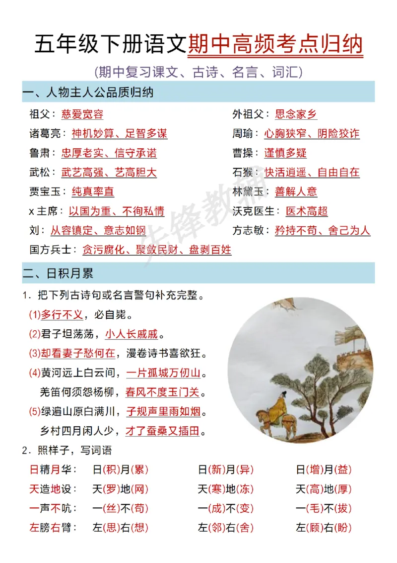 《五年级（下）语文期中高频考点归纳_5年级下册同步教辅_5下语文_五下语文专项练习》第1页预览