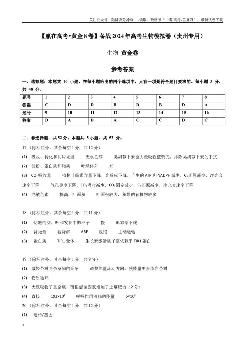 《黄金卷02（参考答案）-2024年高考生物模拟卷（贵州专用）_06-生物-高考总复习_一轮复习_2024年_2024年高考生物一模拟卷（新高考七省专用）》第1页预览