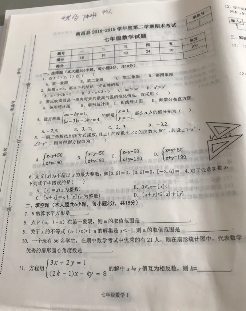 《2018-2019学年江西省南昌市南昌县七年级下册期末考试数学试卷含答案_初高中资料库_初中资料库（转存避免链接过期失效）_初中数学》第1页预览