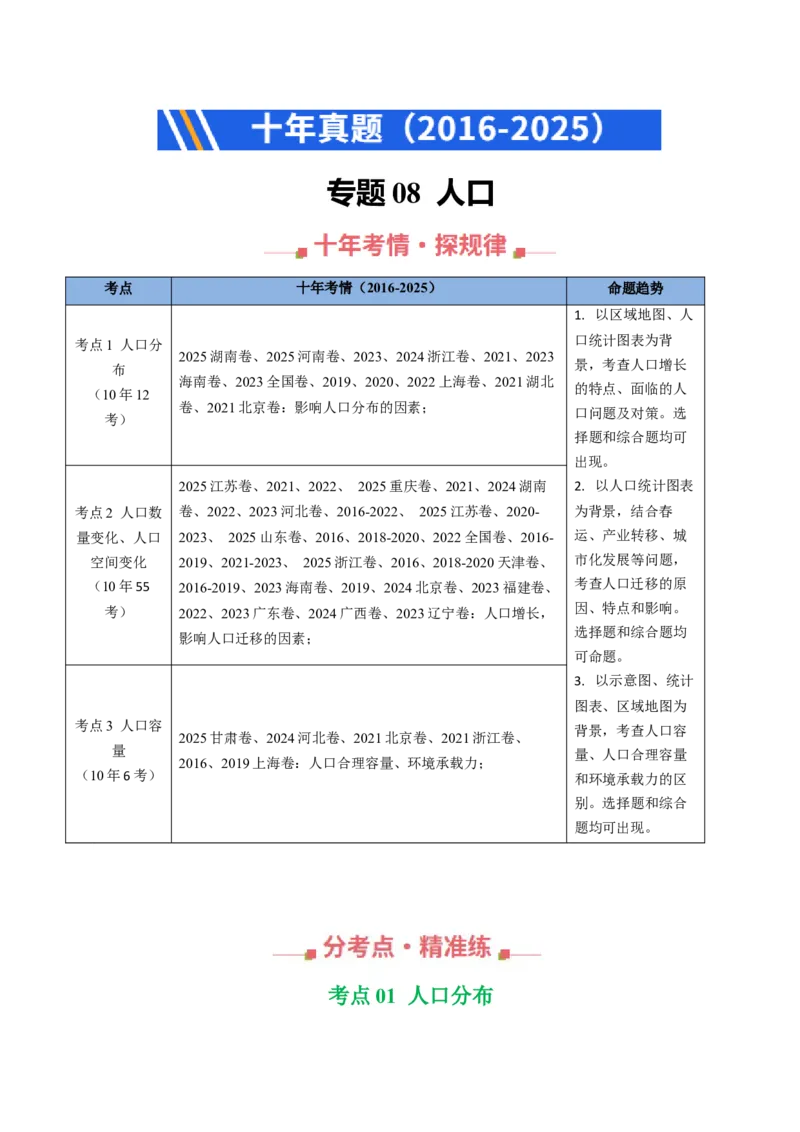 《专题08人口（全国通用）（学生版）_地理_2026年-地理高考专项复习_十年（2016-2025）高考地理真题分类汇编（全国通用）-G15》第1页预览