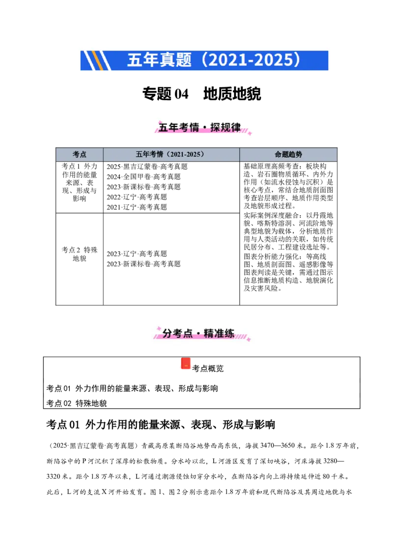 《专题04地质地貌（学生版）_地理_2026年-地理高考专项复习_五年（2021-2025）高考地理真题分类汇编（黑吉辽蒙专用）-G341》第1页预览