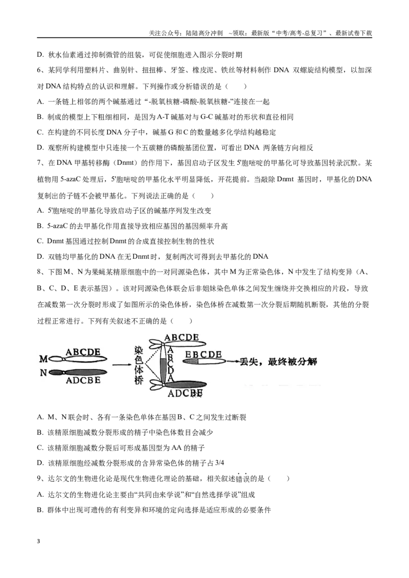 《黄金卷06（考试版）-2024年高考生物模拟卷（安徽专用）_06-生物-高考总复习_一轮复习_2024年_2024年高考生物一模拟卷（新高考七省专用）》第3页预览