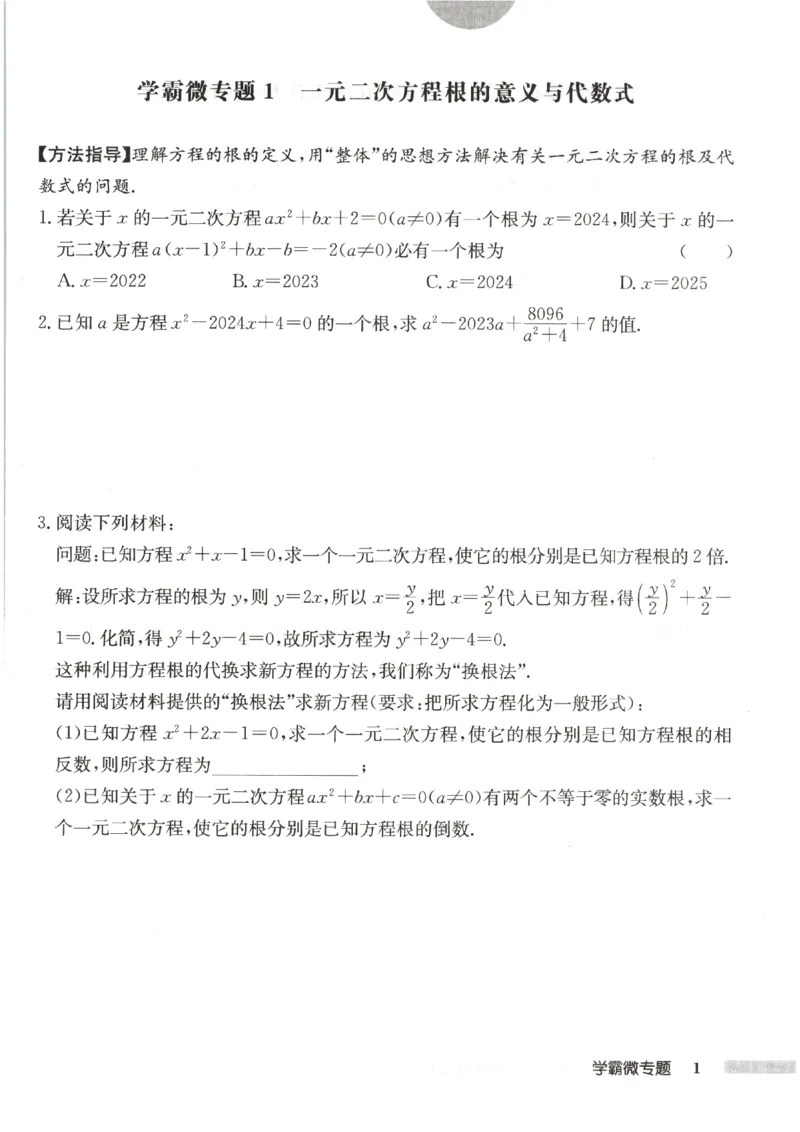 《2027《初中数学•启东作业本》9上(人教)学霸微专题_2026秋初中教辅合集_2027《龙门慧学•启东中学作业本》9上（数学）（人教版）》第3页预览