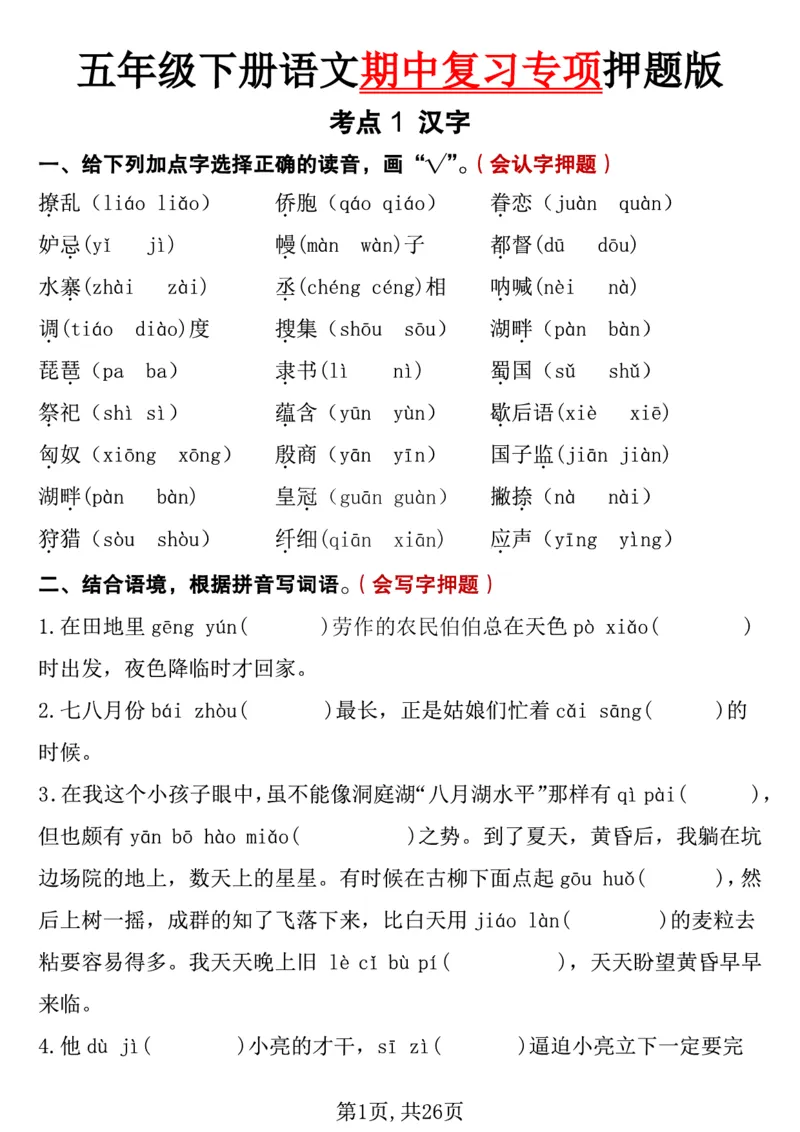《五年级（下）语文期中复习专项押题_5年级下册同步教辅_5下语文_五下语文专项练习》第1页预览