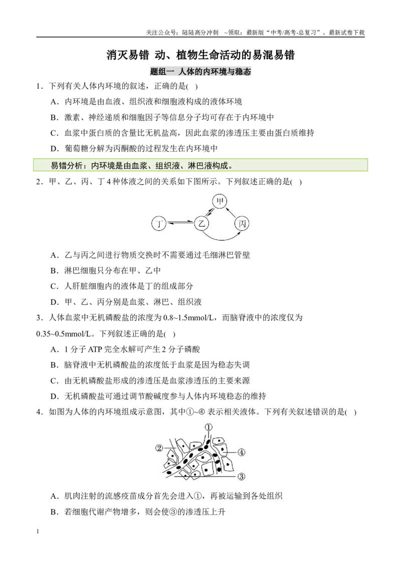 《（消灭易错）动植物生命活动的易混易错（学生版）（4大题组）_06-生物-高考总复习_专项复习_2025年_2025年高考生物考试易错题（新高考通用）》第1页预览